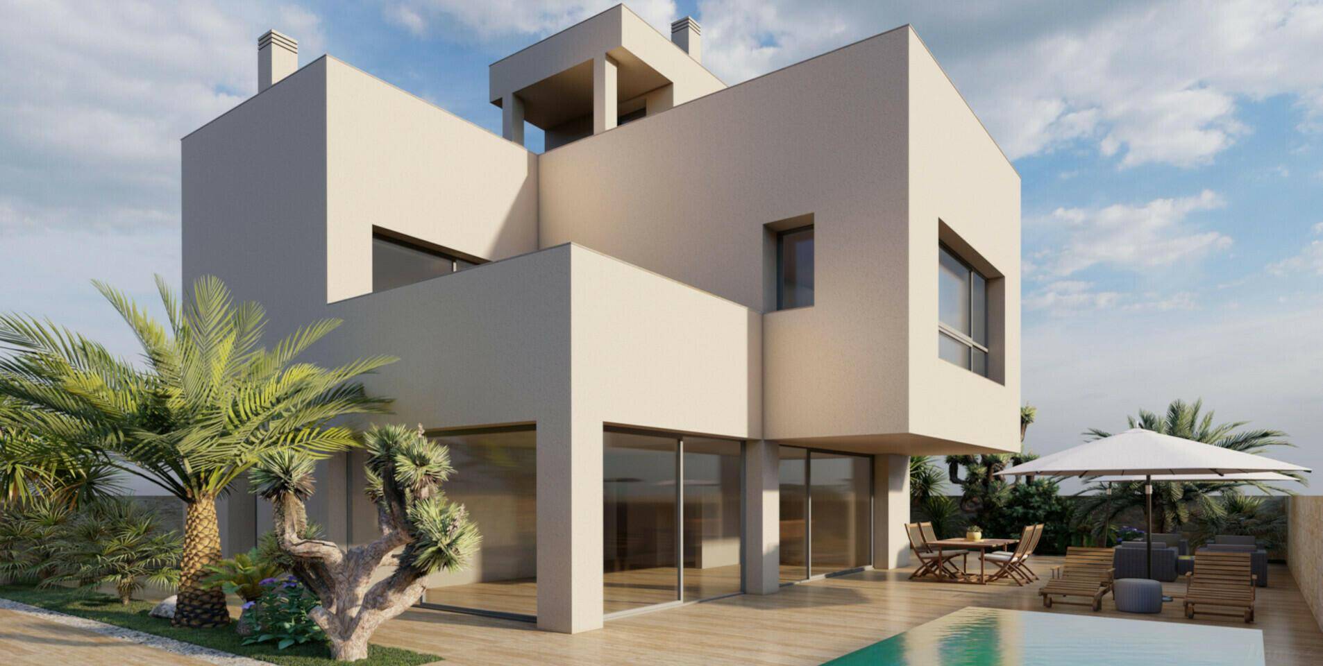 Zeitgenössische Villa mit klaren Linien, Pool und Sonnenterrasse in mediterraner Umgebung.
