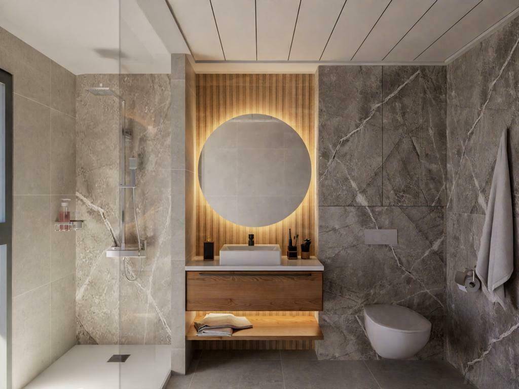 Modernes Badezimmer mit begehbarer Dusche, beleuchtetem Spiegel und Marmorfliesen.