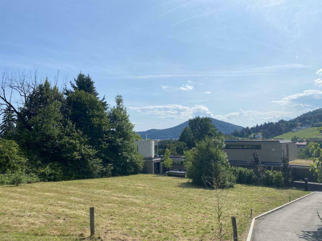 Offenes Grundstück mit Rasenfläche und Blick auf die bewaldeten Berge und die ländliche Umgebung.