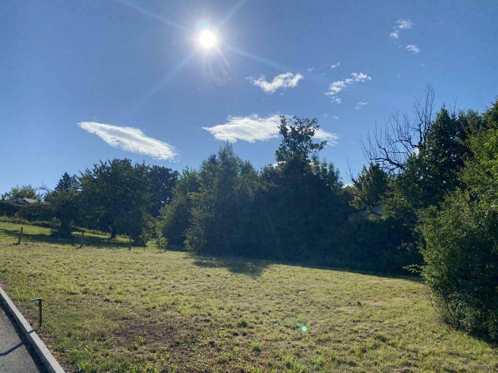 Sonniges Grundstück mit leicht abfallendem Rasen und Blick auf die grüne Hügellandschaft.