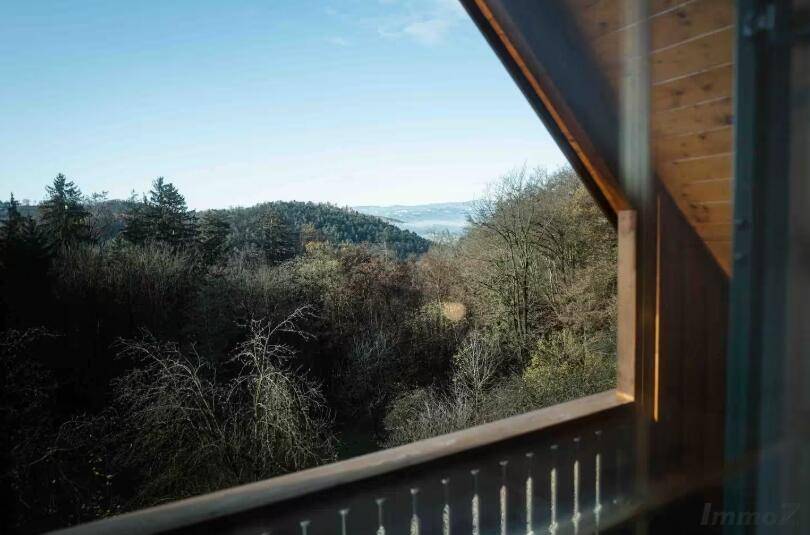 Blick vom Balkon auf die bewaldete Hügellandschaft und weite Natur.