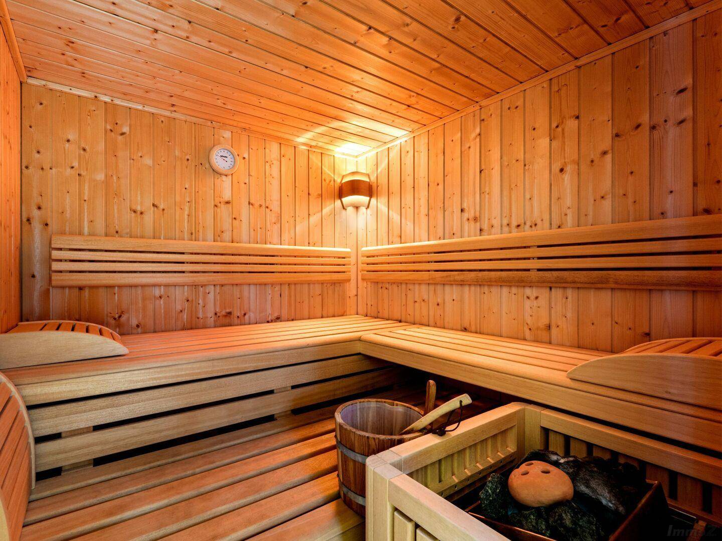 Traditionelle Holzsauna mit Bänken und Saunaofen für entspannende Momente.