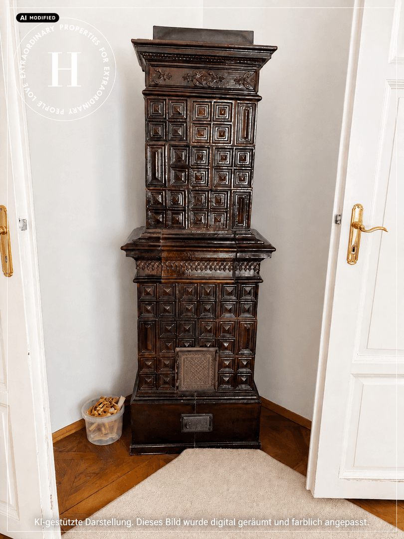 Historischer Kachelofen in dunklem Braun, ein traditionelles Heizelement.