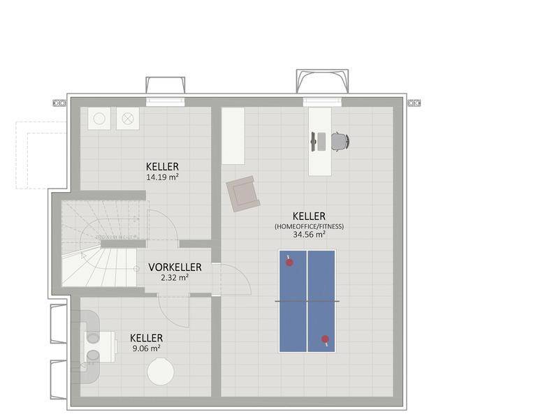 Grundriss des Kellers mit mehreren Abstellräumen und einem Bereich für Homeoffice oder Fitness.