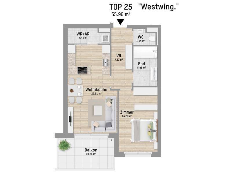 Grundriss der Wohnung TOP 25 mit Wohnküche, Schlafzimmer, Bad und Balkon.