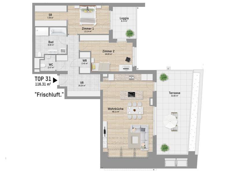 Grundriss der Wohnung TOP 31 mit Wohnküche, zwei Schlafzimmern und großer Terrasse.