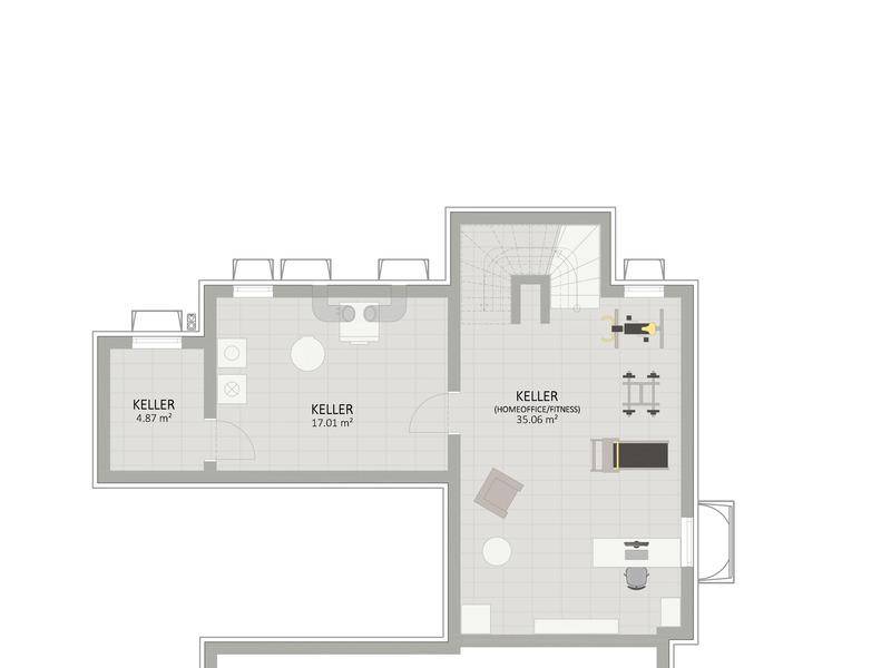 Grundriss des Kellergeschosses mit mehreren Kellerräumen, inklusive Homeoffice- und Fitnessbereich.