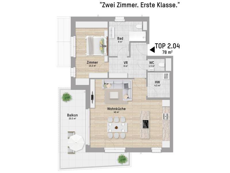 Grundriss einer Wohnung mit offenem Wohnbereich, einem Schlafzimmer, Bad und großem Balkon.