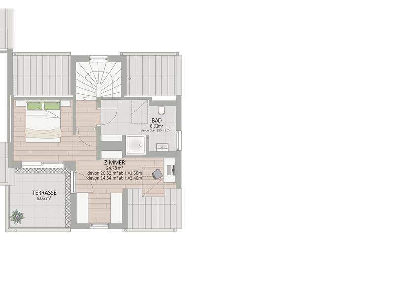Grundriss des Dachgeschosses mit Schlafzimmer, Bad und großer Dachterrasse.