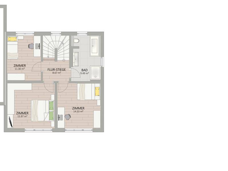 Grundriss des Obergeschosses mit drei Schlafzimmern, Flur und einem Badezimmer mit Badewanne.
