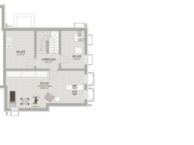 Grundriss des Kellers mit mehreren Abstellräumen und einem Fitnessbereich.