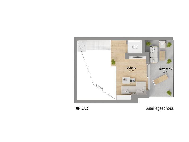 Grundriss des Galeriegeschosses mit offenem Galeriebereich und großer Terrasse.