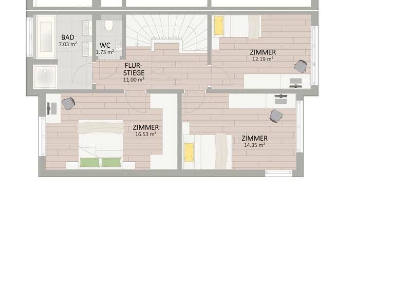 Grundriss des Obergeschosses mit drei Schlafzimmern, einem Badezimmer mit Wanne und separatem WC.