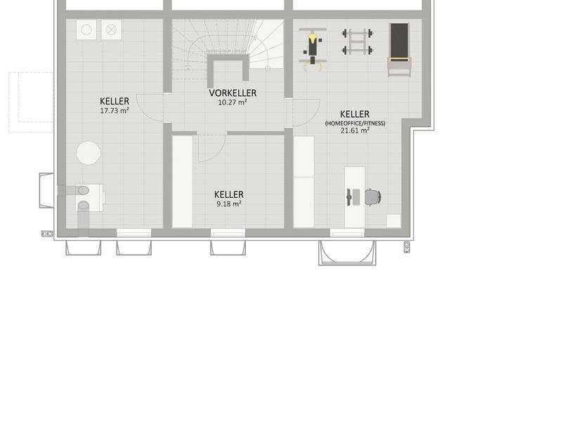 Grundriss des Kellergeschosses mit mehreren Kellerräumen, einem Fitnessbereich und Home-Office.