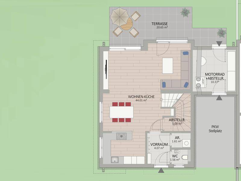 Grundriss des Erdgeschosses mit offenem Wohn-Küchenbereich, großer Terrasse und Gäste-WC.