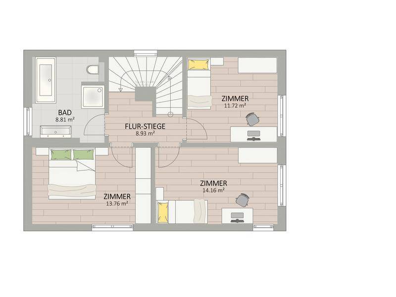 Grundriss des Obergeschosses mit zwei Schlafzimmern, einem weiteren Zimmer und einem Badezimmer.
