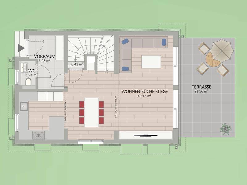Grundriss des Erdgeschosses mit offenem Wohn-Küchenbereich, Treppe und großer Terrasse.