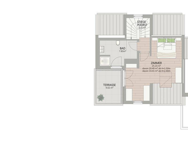 Grundriss des Dachgeschosses mit einem Schlafzimmer, Badezimmer, Dachschräge und Dachterrasse.