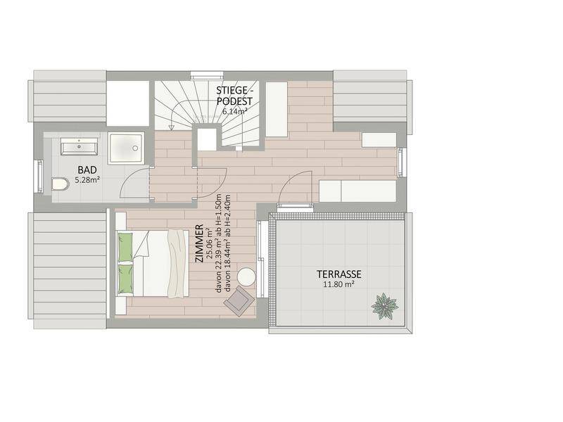 Grundriss des Dachgeschosses mit Schlafzimmer, Badezimmer und einer großzügigen Dachterrasse.