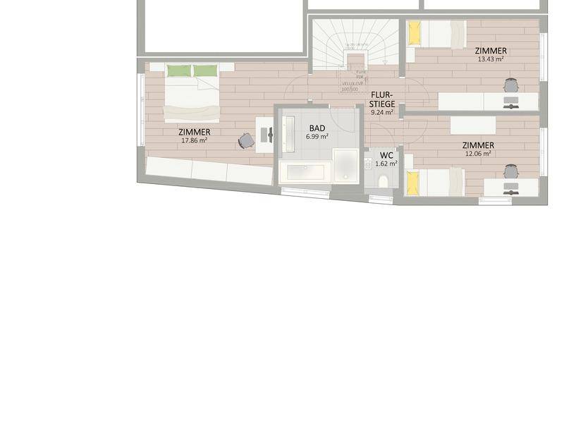 Grundriss des Obergeschosses mit drei Schlafzimmern, Bad und separatem WC.