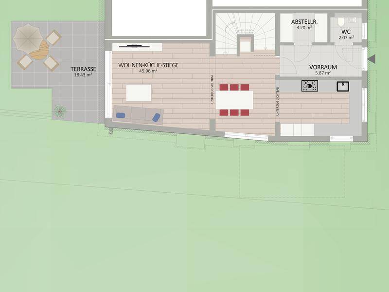 Grundriss des Erdgeschosses mit offenem Wohn-Kochbereich, Terrasse und Gäste-WC.