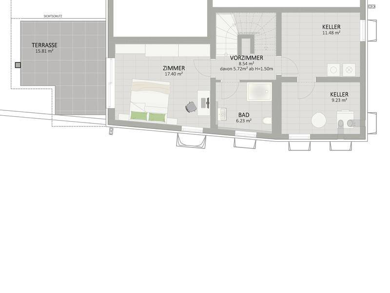 Grundriss des Untergeschosses mit Zimmer, Bad, Kellerräumen und Terrasse.
