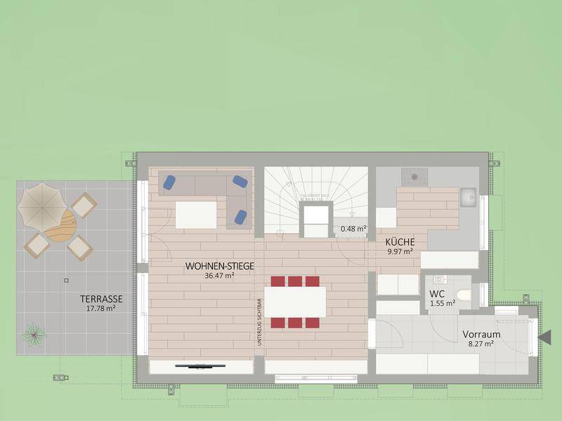 Grundriss des Erdgeschosses mit offenem Wohnbereich, Küche, WC, Abstellraum und großer Terrasse.
