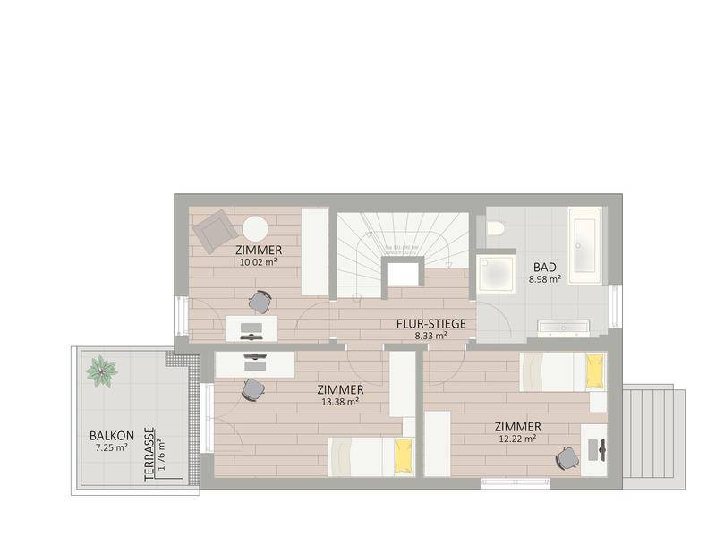 Grundriss des Obergeschosses mit drei Zimmern, einem Badezimmer, Balkon und kleiner Terrasse.