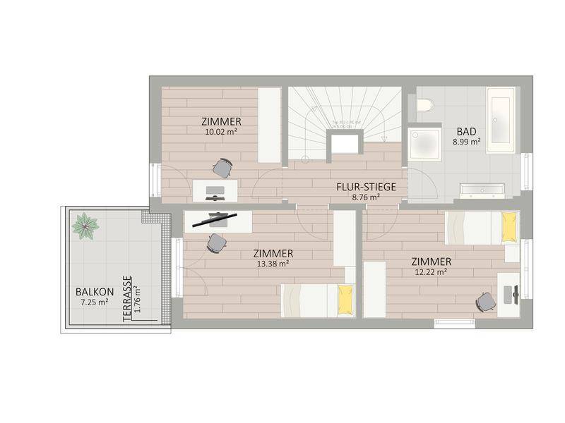 Grundriss des Obergeschosses mit drei Zimmern, einem Badezimmer, Balkon und kleiner Terrasse.