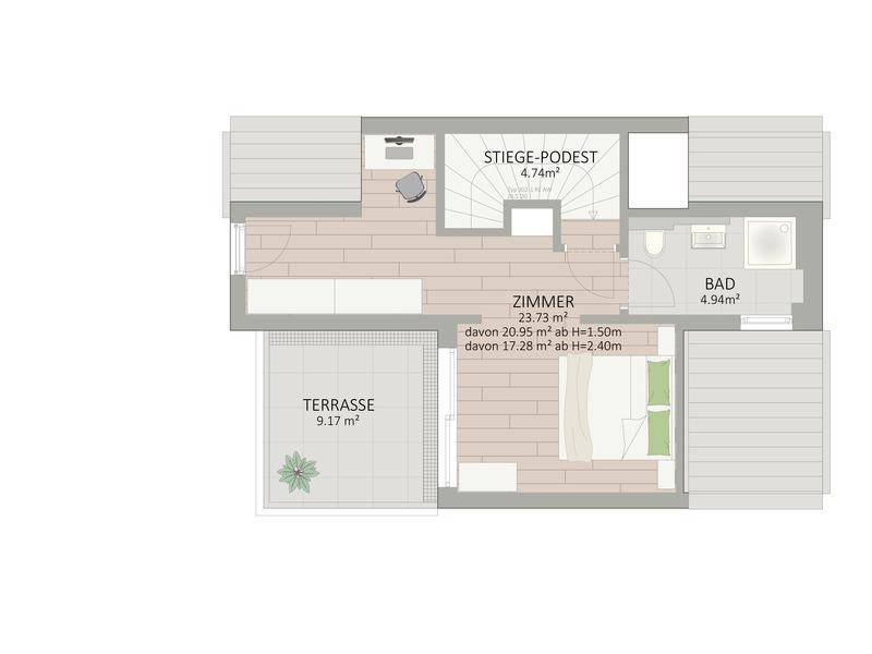 Grundriss des Dachgeschosses mit einem Zimmer, Bad und einer großzügigen Dachterrasse.