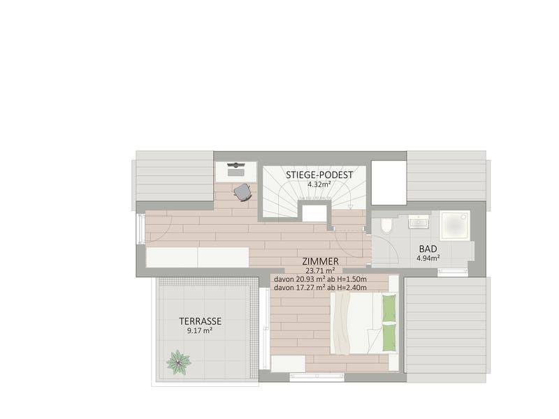 Grundriss des Dachgeschosses mit einem Zimmer, Badezimmer und einer großzügigen Dachterrasse.