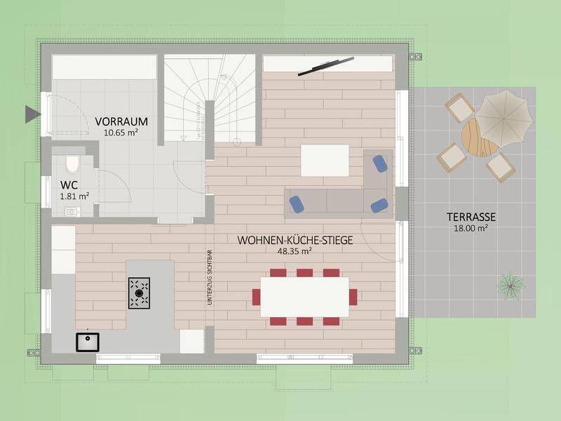 Grundriss des Erdgeschosses mit offenem Wohn-Küchenbereich, WC und direktem Zugang zur Terrasse.
