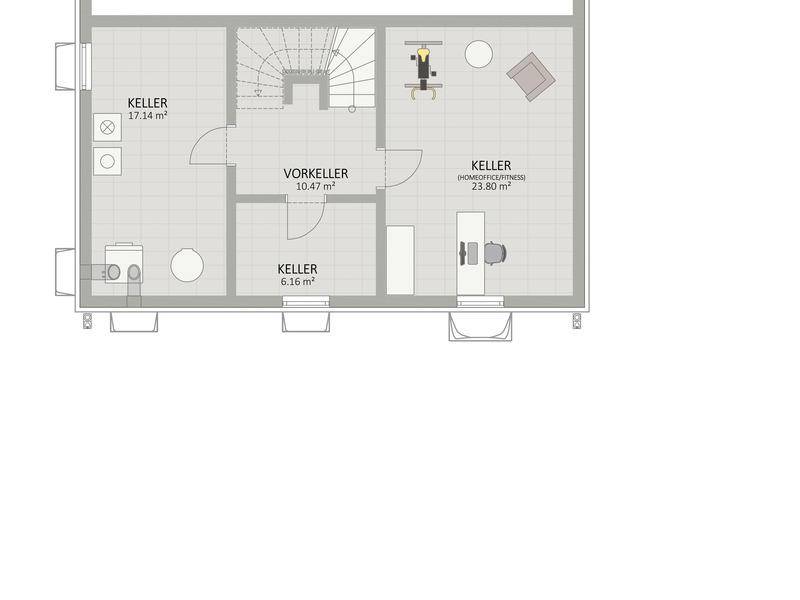 Grundriss des Kellers mit mehreren Kellerräumen, Waschküche und potentiellem Homeoffice- oder Fitnessbereich.