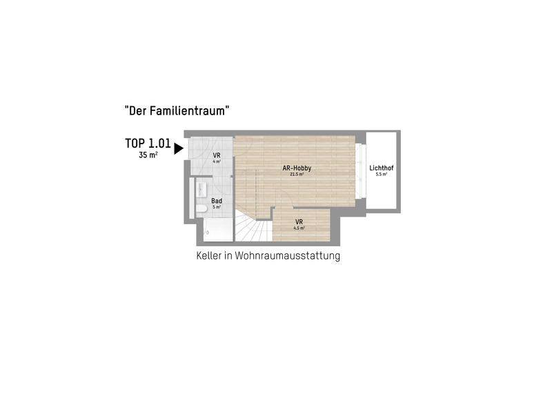 Grundriss des Kellers mit Hobbyraum, Bad und Lichtschacht in Wohnraumausstattung.