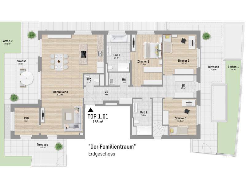 Grundriss des Erdgeschosses mit offener Wohnküche, drei Zimmern, zwei Bädern und Terrassen.