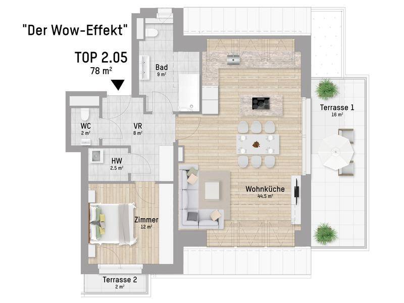 Grundriss einer modernen Wohnung mit offener Wohnküche, Schlafzimmer und zwei Terrassen.