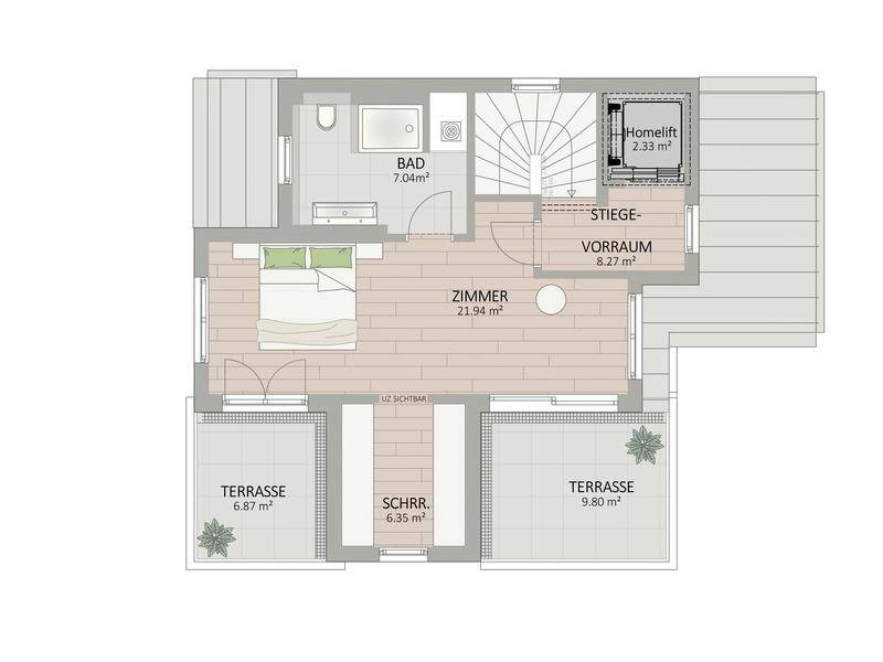 Grundriss des Dachgeschosses mit Schlafzimmer, Bad, Vorraum und zwei Dachterrassen.