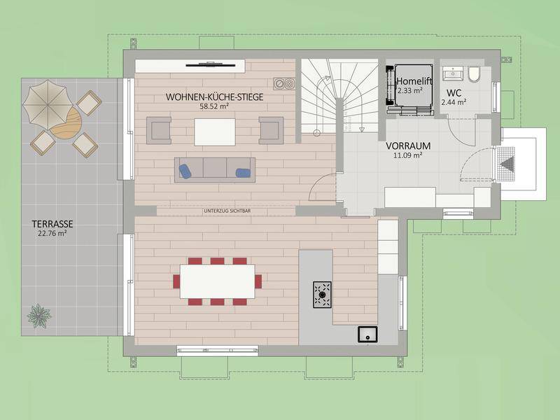 Grundriss des Erdgeschosses mit offenem Wohn-Essbereich, Küche, Gäste-WC und Terrasse.