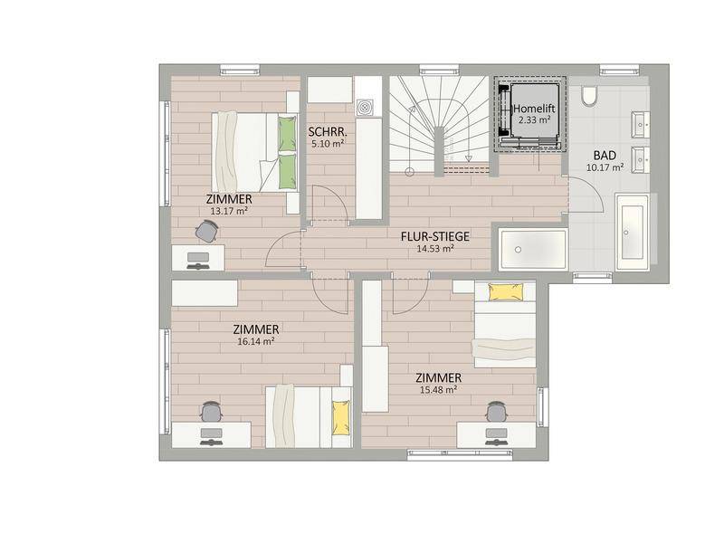 Grundriss des Obergeschosses mit drei Schlafzimmern, Badezimmer und Flur mit Treppe.