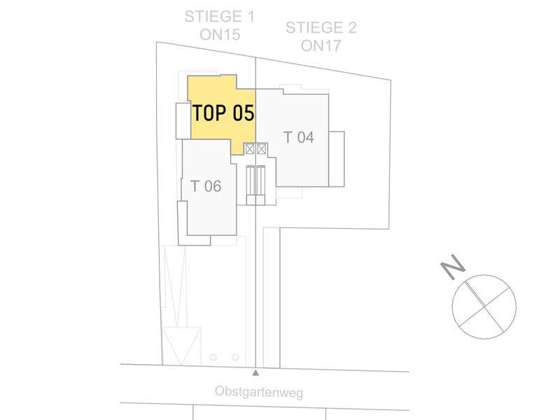 Grundriss des Obergeschosses mit der hervorgehobenen Einheit TOP 05 und Nordausrichtung.