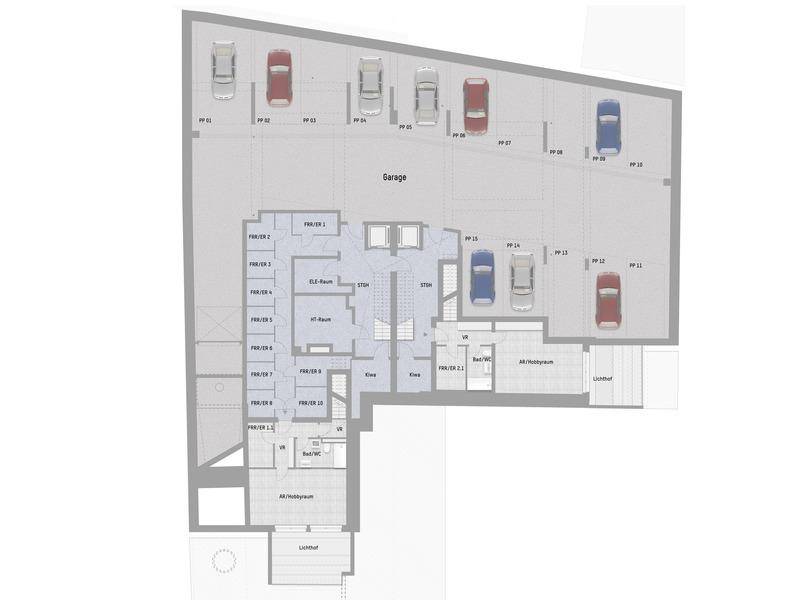 Grundriss des Untergeschosses mit Tiefgarage, zahlreichen Stellplätzen und Abstellräumen.
