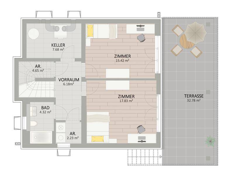 Grundriss des Untergeschosses mit weiteren Zimmern, Bad, Keller und Zugang zur Terrasse.