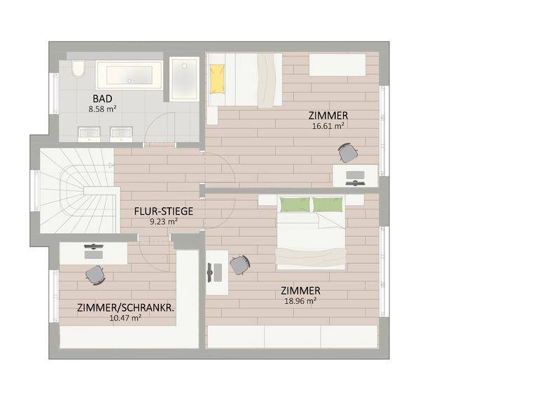 Grundriss des Obergeschosses mit Schlafzimmern, Badezimmer und Flur.