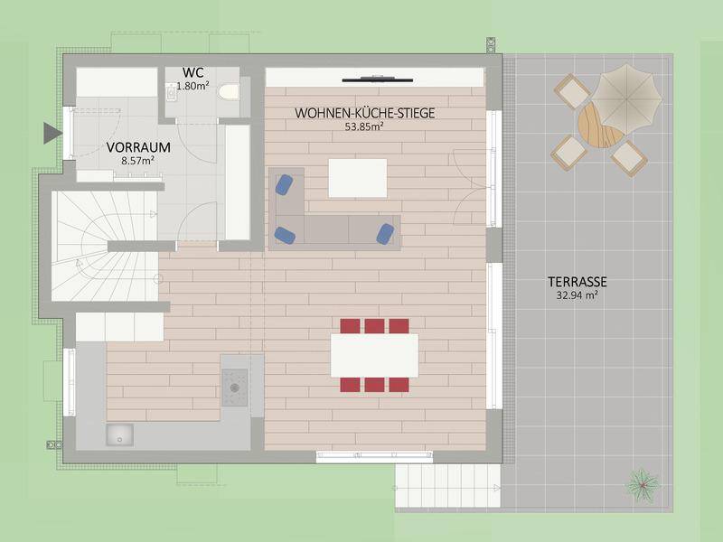 Grundriss des Erdgeschosses mit offenem Wohn-Essbereich, Küche, Gäste-WC und großer Terrasse.