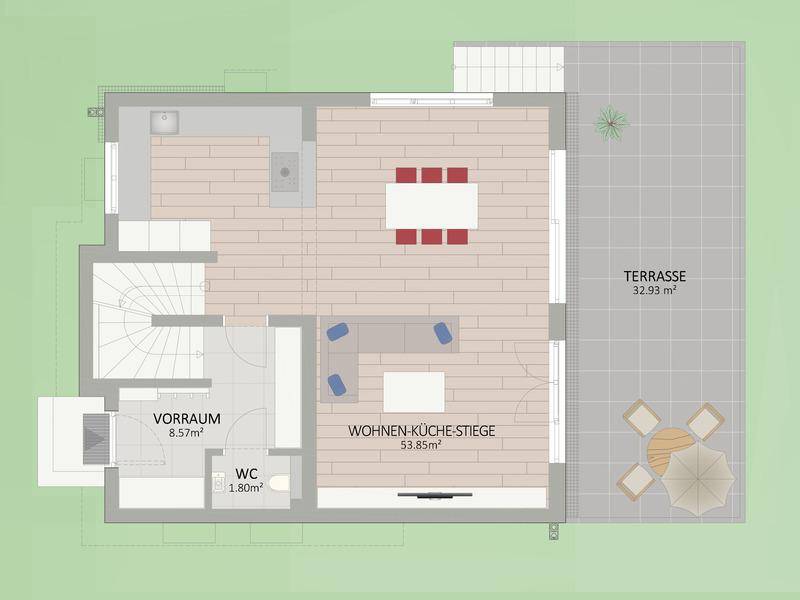 Grundriss des Erdgeschosses mit offenem Wohn-Essbereich, Küche, Gäste-WC und großer Terrasse.