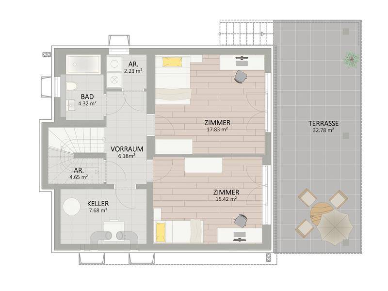 Grundriss des Untergeschosses mit zwei Zimmern, Bad mit Badewanne, Kellerraum und Zugang zur Terrasse.