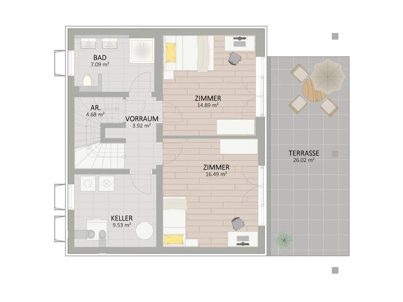 Grundriss des Dachgeschosses mit Schlafzimmern, Bad, Keller und Dachterrasse.