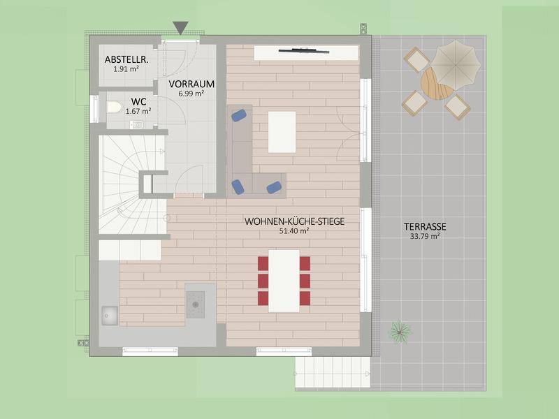 Grundriss des Erdgeschosses mit offenem Wohn-Küchenbereich, Gäste-WC und großer Terrasse.