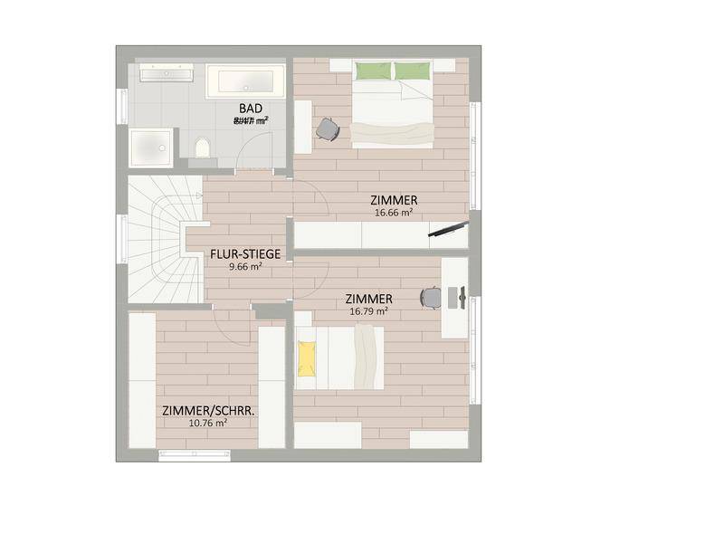 Grundriss des Obergeschosses mit Schlafzimmern, Badezimmer und Flur mit Treppe.