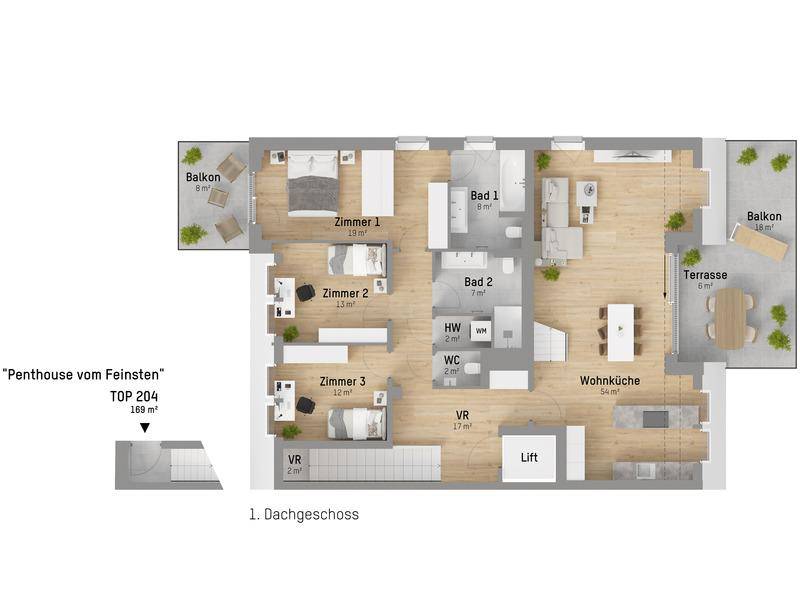 Grundriss des ersten Dachgeschosses mit drei Schlafzimmern, zwei Bädern und großer Terrasse.